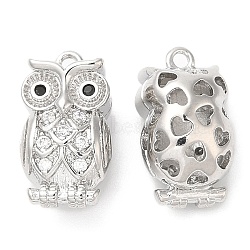 Brass with Cubic Zirconia Pendants, Owl, Real Platinum Plated, 15x8.5x7.5mm, Hole: 1.2&1.8mm(KK-K333-58P)