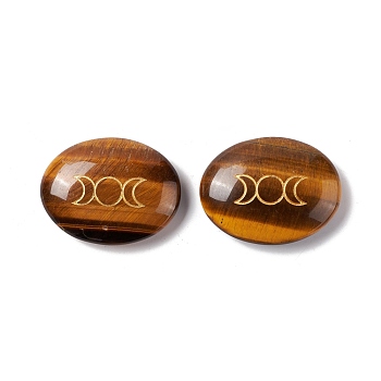 Natural Tiger Eye Healing Massage Palm Stones, Pocket Worry Stone, for Anxiety Stress Relief Therapy, Oval with Triple Moon, 33x43x11~12mm