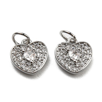 Brass Micro Pave Clear Cubic Zirconia Charms, with Jump Rings, Cadmium Free & Lead Free, Heart, Platinum, 10x10x3mm, Hole: 3.5mm