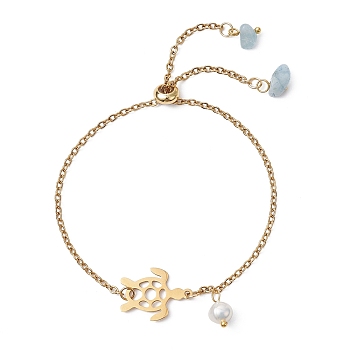 Adjustable Ion Plating(IP) 304 Stainless Steel Hollow Turtle Slider Bracelet, with Natural Aquamarine Chips Charms, Golden, Inner Diameter: 2-5/8 inch(6.8cm)