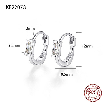 Rhodium Plated 925 Sterling Silver Pave Cubic Zirconia Rectangle Hoop Earrings for Women, with 925 Stamp, Platinum, Clear, 12x2x10.5mm