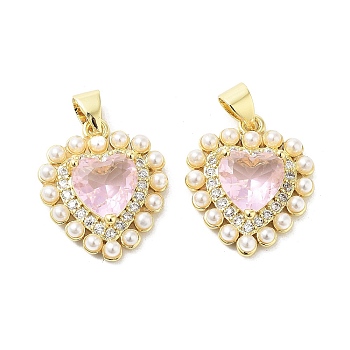 Rack Plating Heart Brass Micro Pave Cubic Zirconia Pendants, with Glass and Imitation Pearl Plastic Beads, Cadmium Free & Lead Free, Long-Lasting Plated, Real 18K Gold Plated, Pink, 18.5x16x5.5mm, Hole: 3.5x4.5mm