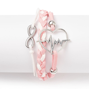 Alloy Heart Beat & 304 Stainless Steel Infinity Links Multi-strand Bracelet, Faux Suede Braided Tripel Layer Bracelet for Women, Pink, 7-1/4 inch(18.3cm)