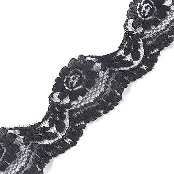 Nylon Lace Trim, for Jewelry Making, Flower Pattern, Black, 1-3/4 inch(44mm), about 5.47 Yards(5m)/Bag