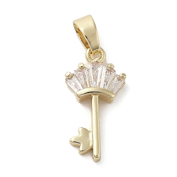 Brass Cubic Zirconia Pendents, Long-Lasting Plated, Key with Crown, Golden, 16.5x8.5x3mm, Hole: 5x3mm