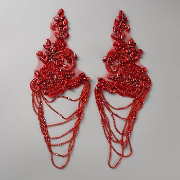 Flower Glass Rhinestone & Beaded Computerized Embroidery Sew on Ornament Accessories, Ethnic Style Lace Appliques, FireBrick, 325x120x5.5mm
