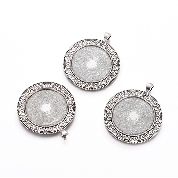 Tibetan Style Flat Round Alloy Big Pendant Cabochon Settings, Cadmium Free & Lead Free, Antique Silver, Tray: 35mm, 59x50x2.5mm, Hole: 7x4mm, about 75pcs/1000g
