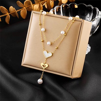 304 Stainless Steel Double Layer Necklaces for Women, with Shell and Plastic Imitation Pearl, Heart, 40cm