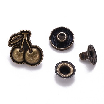 Brass Snap Buttons, Alloy Cap, Garment Buttons, Cadmium Free & Lead Free, Cherry, Antique Bronze, Cap: 17x17mm, Pin: 3mm, Stud: 10x4mm, knob: 4.5mm & 10x6.5mm, knob: 3.5mm, Socket: 12x4mm, half-drill: 5mm, 4pcs/set