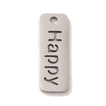 201 Stainless Steel Pendants, Laser Cut, Rectangle with Happy Charm, Stainless Steel Color, 17x6x1mm, Hole: 1.5mm
