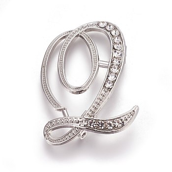 Alloy Brooches, with Rhinestone, Letter, Letter.Q, Platinum, 43x31x3mm, Pin: 1mm