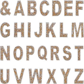 Glitter Rhinestone Iron On Patches, Applique, for Shoes, Hats, Costume Accessories, Alphabet A~Z, &, Gold, 60~67x14~63x2.5mm, 1sheet