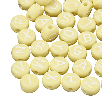 Opaque Acrylic Beads, Flat Round with White Mixed Letter, Champagne Yellow, 7x4mm, Hole: 1.5mm, about 1480pcs/200g