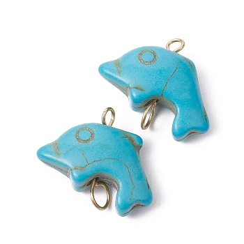 Synthetic Turquoise Connector Charms, Dolphin Links with Golden Plated Stainless Steel Double Loops, Medium Turquoise, 15~16x20x6.5~7mm, Hole: 2mm and 3.5mm