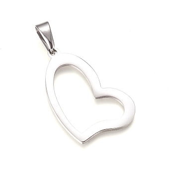304 Stainless Steel Pendants, Heart, Stainless Steel Color, 37.5x23x1.5mm, Hole: 10x4.5mm