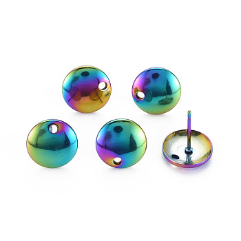 Rainbow Color 304 Stainless Steel Stud Earring Findings, with Hole, Flat Round, 10mm, Hole: 1.4mm, Pin: 0.7mm