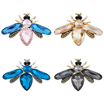 4Pcs 4 Colros Rhinestone Bee Brooch Pin, Antique Golden Alloy Badge for Backpack Clothes, Mixed Color, 32x48x8.5mm, 1Pc/color