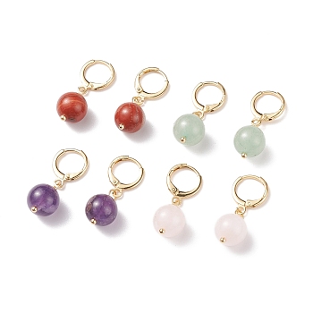 Round Gemstone Dangle Hoop Earrings, Gold Plated Brass Jewelry for Women, 30mm, Pin: 0.8mm