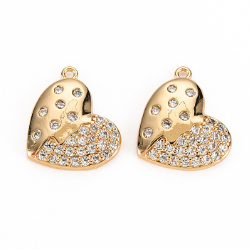 Brass Micro Pave Clear Cubic Zirconia Pendants, Nickel Free, Heart, Real 18K Gold Plated, 15x13x2mm, Hole: 1mm