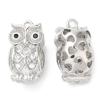 Brass with Cubic Zirconia Pendants, Owl, Real Platinum Plated, 15x8.5x7.5mm, Hole: 1.2&1.8mm