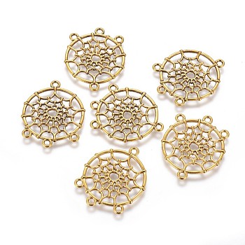 Tibetan Style Alloy Chandelier Components Links, Lead Free & Cadmium Free, Flat Round with Web, Antique Golden, 34x28x2mm, Hole: 3mm