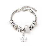 European Style Zinc Alloy Enamel & 201 Stainless Steel & Plastic & Rhinestone Charm Bracelets, Flower, Platinum, White, 7-1/4 inch(18.5cm)(FS-WG22A2C-03)
