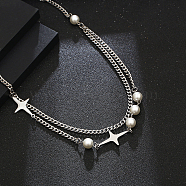 Double Layer Star Imitation Pearl Pendant Necklace, Stainless Steel Curb Chain Necklaces(NB3263)