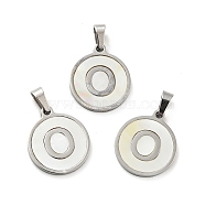 304 Stainless Steel with White Shell Pendants, Stainless Steel Color, Flat Round with Letter Charm, Letter.O, 18x16x1.5mm, Hole: 3x6mm(STAS-G268-01O-P)