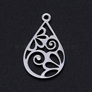 201 Stainless Steel Pendants, Filigree Joiners Findings, Laser Cut, teardrop, with Flower, Stainless Steel Color, 22x13x1mm, Hole: 1.4mm(STAS-S105-JN896-1)