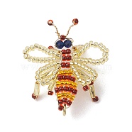 Handmade Glass Seed Beads Woven Pendants, with Jump Rings, Bee Charms, Gold, 35x32x3mm, Hole: 3mm(PALLOY-MZ00214-01)