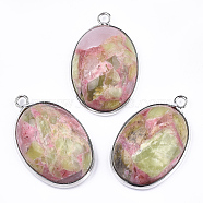 Assembled Peridot and Rose Quartz Pendants, with Brass Findings, Oval, Platinum, 31x20x8mm, Hole: 2mm(G-T111-01)