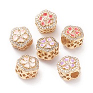 Brass Enamel European Beads, Large Hole Beads, Long-lasting Plated, with Micro Pave Clear Cubic Zirconia, Flower, Real 18K Gold Plated, Mixed Color, 12x12x10mm, Hole: 4mm(MPDL-P005-13G)