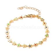 Brass Enamel Flower Link Chain Bracelets, with 304 Stainless Steel Lobster Claw Clasps, Colorful, Real 18K Gold Plated, 7-1/2 inch(19cm)(BJEW-JB05591)
