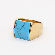 Rectangle Synthetic Turquoise Finger Ring, Golden Titanium Steel Jewelry, Golden, US Size 12 1/4(21.5mm)(FIND-PW0021-08F-G)