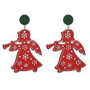 Angel Dyed Poplar Wood Dangle Stud Earrings, with 304 Stainless Steel Stud Earring Findings and Plastic Ear Nuts, Christmas, Red, 85mm, Pin: 0.7mm(X-EJEW-JE03359-03)