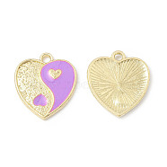Alloy Enamel Pendants, Heart with Yin Yang Charm, Golden, Medium Orchid, 17x15x1.6mm, Hole: 1.8mm(ENAM-G212-05G-01)