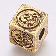 Brass Beads, Cube with Om Symbol, Antique Golden, 8x8x8mm, Hole: 3mm(KK-K228-07AG)
