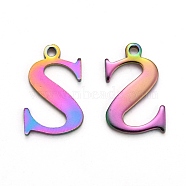 Ion Plating(IP) 304 Stainless Steel Alphabet Charms, Rainbow Color, Letter.S, 12x8x1mm, Hole: 1mm(STAS-H122-S-M)