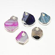 Plated Natural Striped Agate/Banded Agate Pendants, Dyed, Nuggets, 35~50x29~37x7~8mm, Hole: 5~6mm(G-Q469-01)