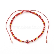 Adjustable Nylon Cord Braided Bead Bracelets, with Evil Eye Lampwork Beads, FGB Glass Seed Beads and Frosted Glass Beads, Red, Inner Diameter: 2-1/8~4-1/8 inch(5.3~10.3cm)(BJEW-JB05791-01)