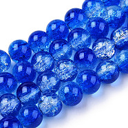 Transparent Crackle Baking Painted Glass Beads Strands, Imitation Opalite, Round, Blue, 10x9.5mm, Hole: 1.4mm, about 80pcs/strand, 30.87 inch(78.4cm)(DGLA-T003-01C-03)