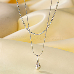 304 Stainless Steel Teardrop Pendant Double Layer Necklaces for Women, Tarnish Free, Stainless Steel Color, 15.75 inch(40cm)(WG23FFF-02)