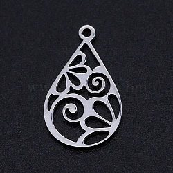 Non-Tarnish 201 Stainless Steel Pendants, Filigree Joiners Findings, Laser Cut, teardrop, with Flower, Stainless Steel Color, 22x13x1mm, Hole: 1.4mm(STAS-S105-JN896-1)