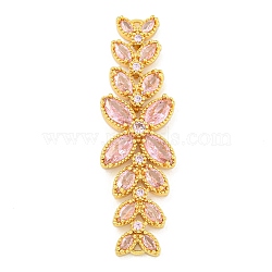 Brass Pave Pink Cubic Zirconia Flower with Leaf Links Connector Charms, Long-Lasting Plated, Lead Free & Cadmium Free, Real 18K Gold Plated, 50x15x5mm, Hole: 1mm(KK-P277-52G-02)