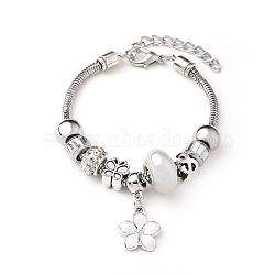 European Style Zinc Alloy Enamel & 201 Stainless Steel & Plastic & Rhinestone Charm Bracelets, Flower, Platinum, White, 7-1/4 inch(18.5cm)(FS-WG22A2C-03)