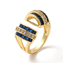Cubic Zirconia Arch Open Cuff Ring, Real 18K Gold Plated Brass Wide Ring for Women, Blue, US Size 7(17.3mm)(RJEW-C041-02G-02)