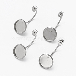 304 Stainless Steel Earring Hooks, with Flat Round Setting for Cabochon, Stainless Steel Color, 27.5~31x14mm, Tray: 12mm(STAS-L253-008A-P)