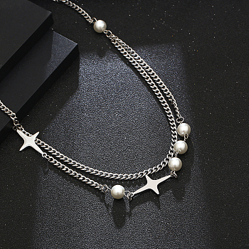 Double Layer Star Imitation Pearl Pendant Necklace, Stainless Steel Curb Chain Necklaces