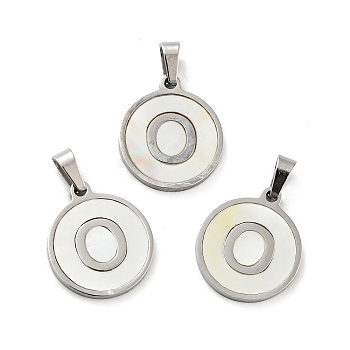 304 Stainless Steel with White Shell Pendants, Stainless Steel Color, Flat Round with Letter Charm, Letter.O, 18x16x1.5mm, Hole: 3x6mm