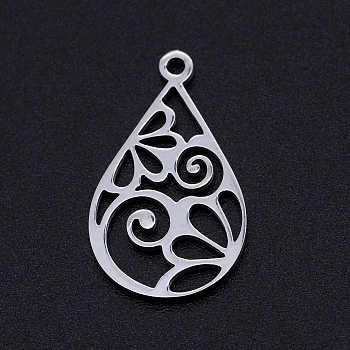 201 Stainless Steel Pendants, Filigree Joiners Findings, Laser Cut, teardrop, with Flower, Stainless Steel Color, 22x13x1mm, Hole: 1.4mm